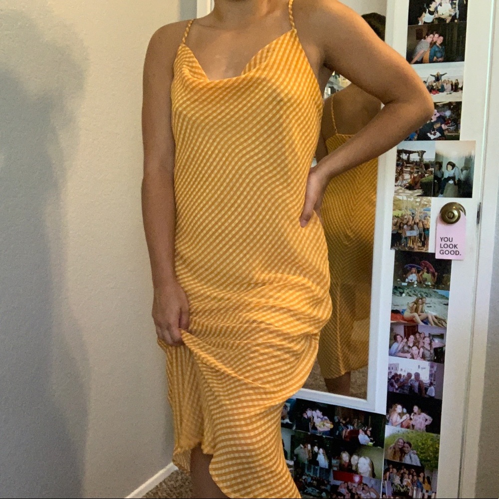 cowl neck yellow midi dress